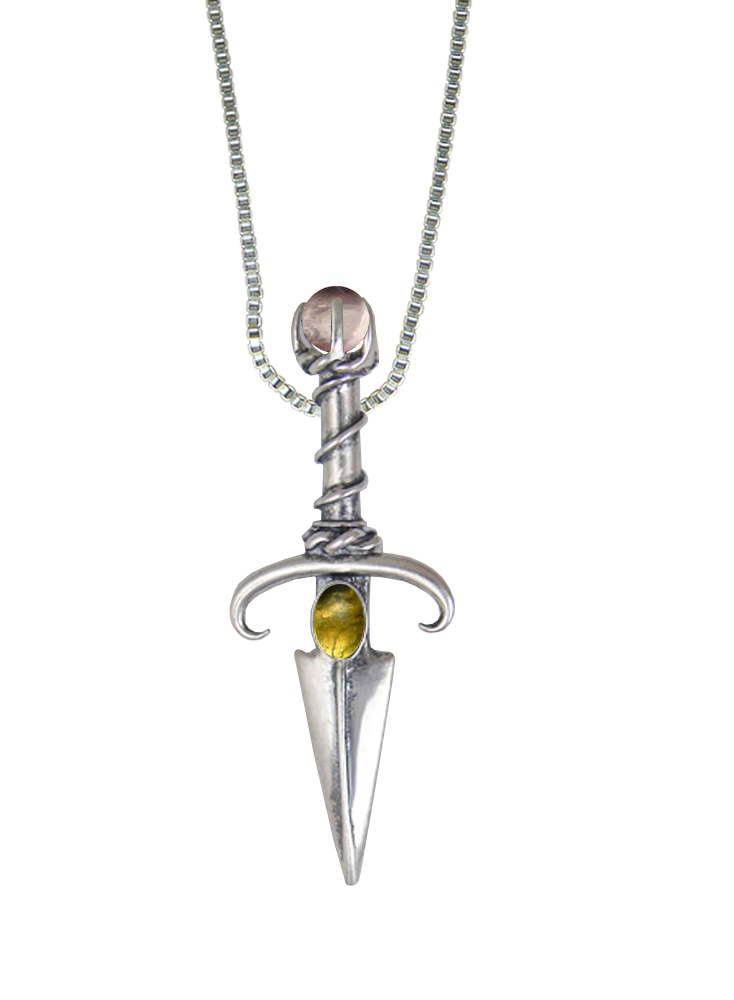 Sterling Silver Black Prince's Knife Dagger Pendant With Citrine And Rose Quartz